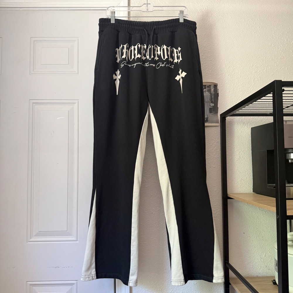 WHOLEOPOLIS men's black white logo graphic cotton straight bootcut sweat pants‎